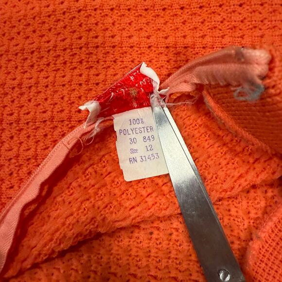 Vintage 70s BodinKnits Orange Knit Sweater Sz 12 Mock Neck Stripe Trim USA - Picture 6 of 8